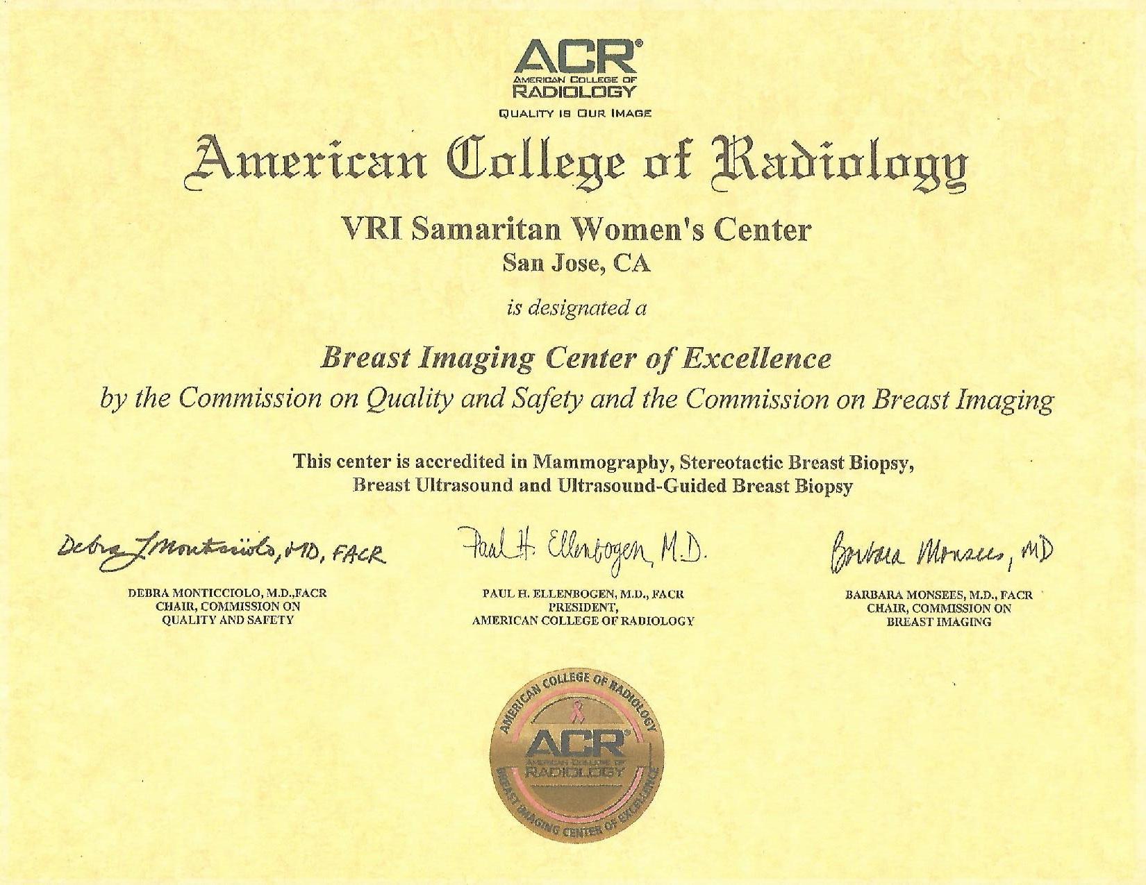 Breast Imaging Center of Excellence Certificate